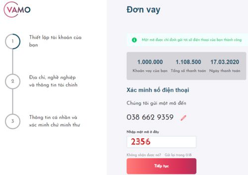 nhập m&atilde; OTP vay tiền vamo