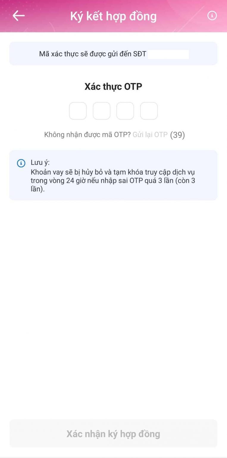 Nhập m&atilde; OTP k&yacute; hợp đồng